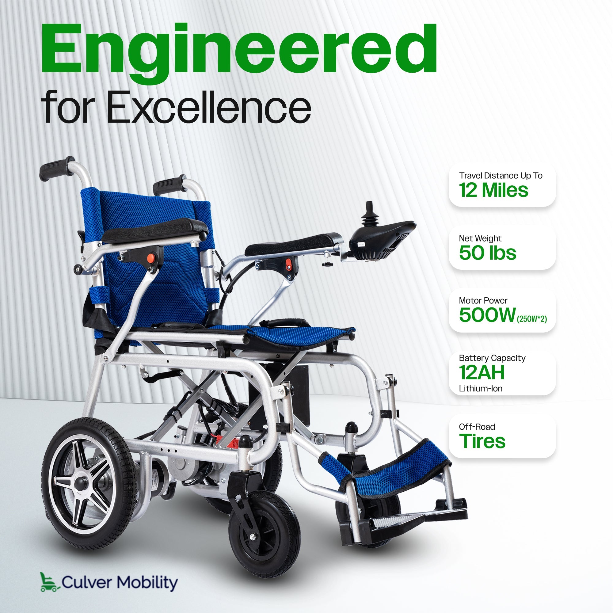 ARTEMIS PRO (Blue)-Lightweight Foldable Electric Wheelchair 500W - 12 miles